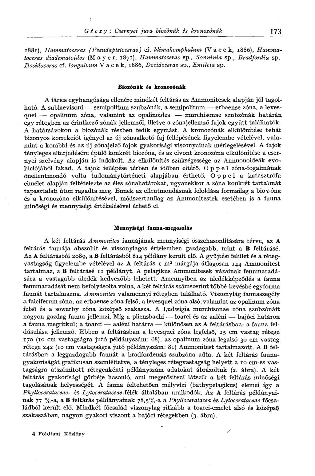 Géczy : Csernyei jura bioz'ónák és kronozónák 173 1881), Hammatoceras (Pseudaptetoceras) cf. klimakomphalum (Va сек, 1886), Hammatoceras diadematoides (Mayer, 1871), Hammatoceras sp., Sonninia sp.