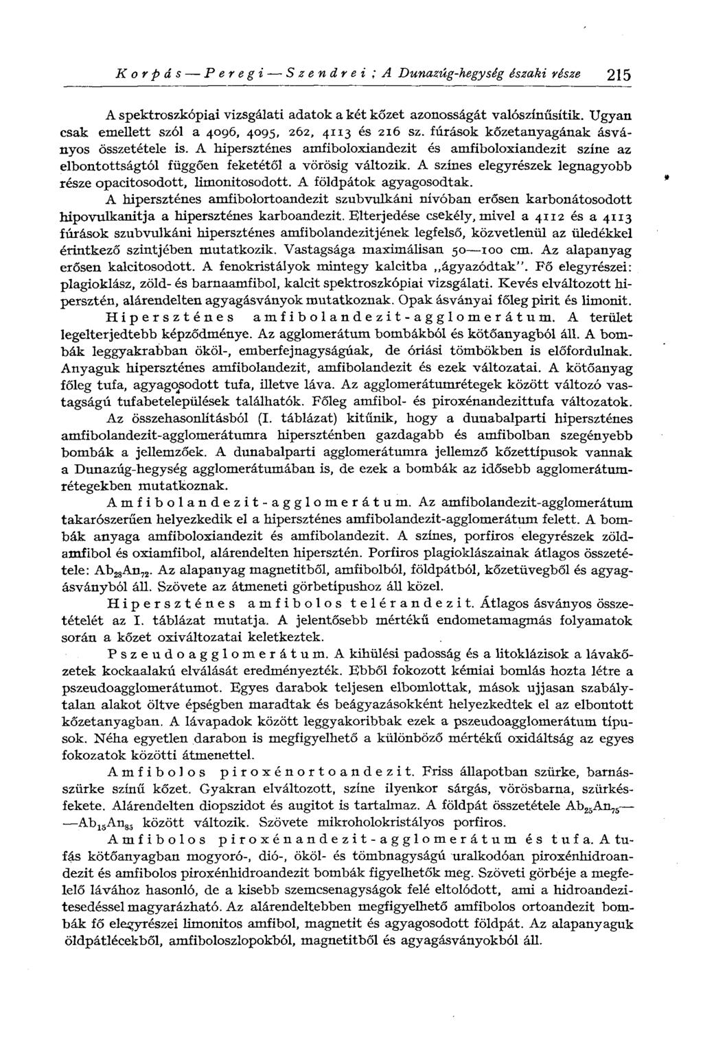 Korpás Peregi Szendrei ; A Dunazúg-hegység északi része 215 A spektroszkópiai vizsgálati adatok a két kőzet azonosságát valószínűsítik. Ugyan csak emellett szól a 4096, 4095, 262, 4113 és 216 sz.
