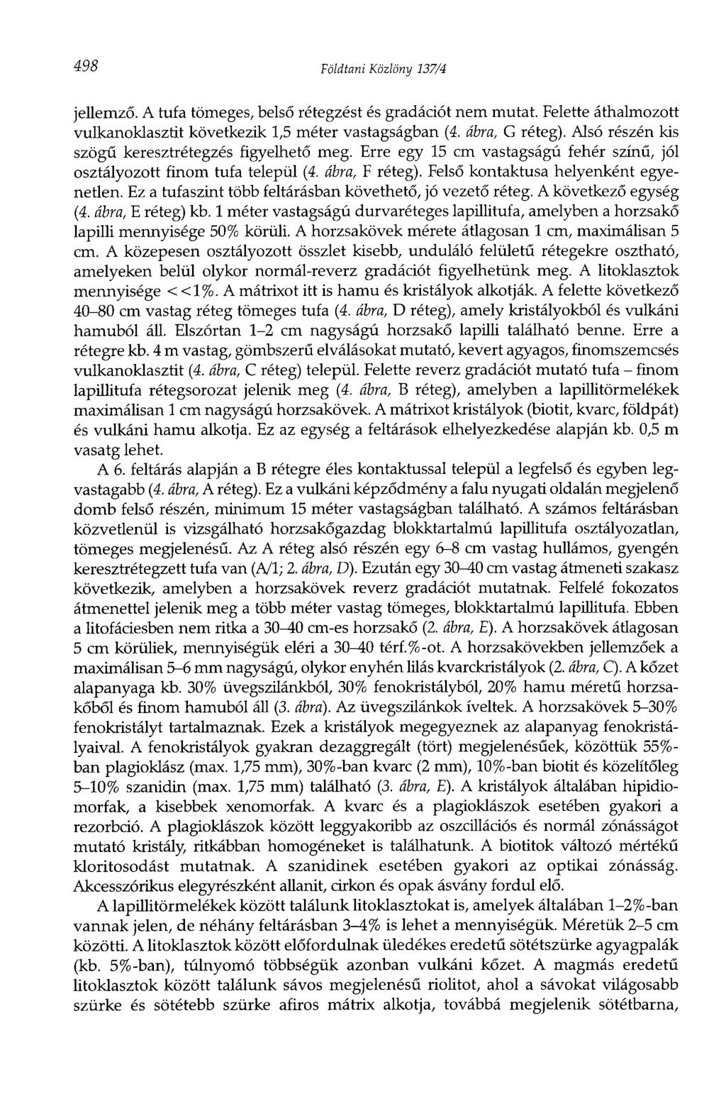 498 Földtani Közlöny 137/4 jellemző. A tufa tömeges, belső rétegzést és gradációt nem mutat. Felette áthalmozott vulkanoklasztit következik 1,5 méter vastagságban (4. ábra, G réteg).