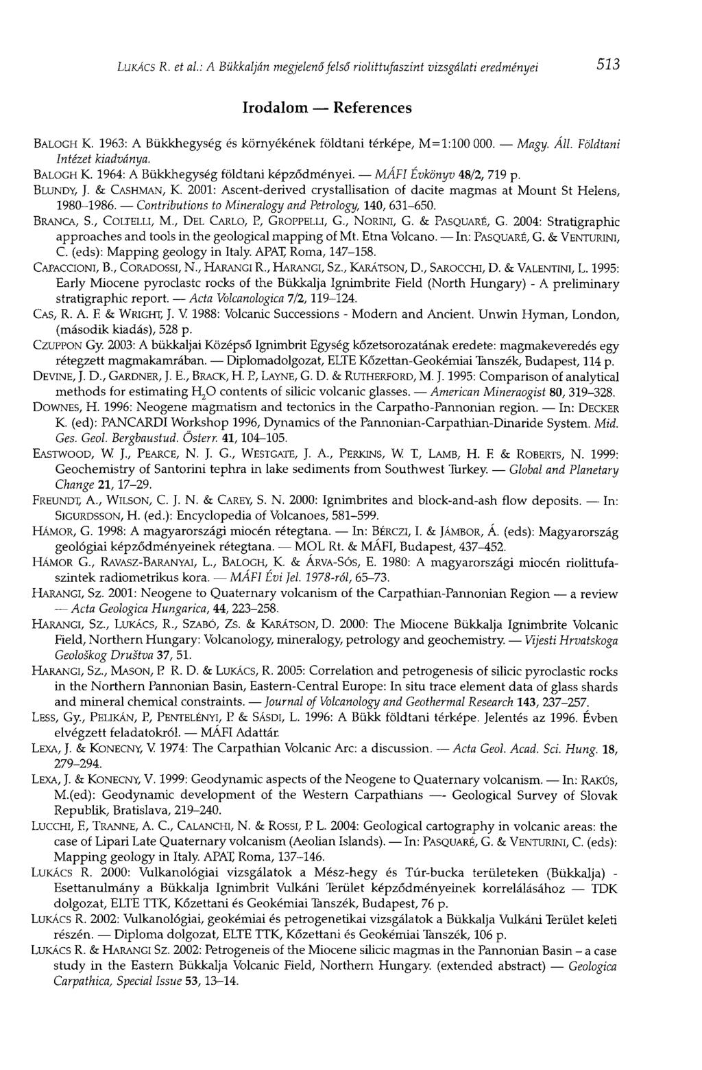 LUKÁCS R. et al: A Bükkalján megjelenő felső riolittufaszint vizsgálati eredményei 513 Irodalom References BALOGH К. 1963: A Bükkhegység és környékének földtani térképe, M=l:100 000. Magy. Áll.