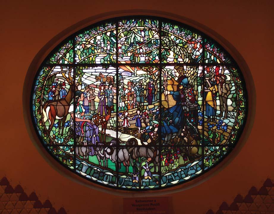 Nagy Sándor: A népmûvészet varázsa, ólmozott üvegablak. Veszprémi színház. Kivitelezte: Majoros Myböhm Károly / Sándor Nagy: The Magic of Folk Art. Stained glass window. Theatre, Veszprém.