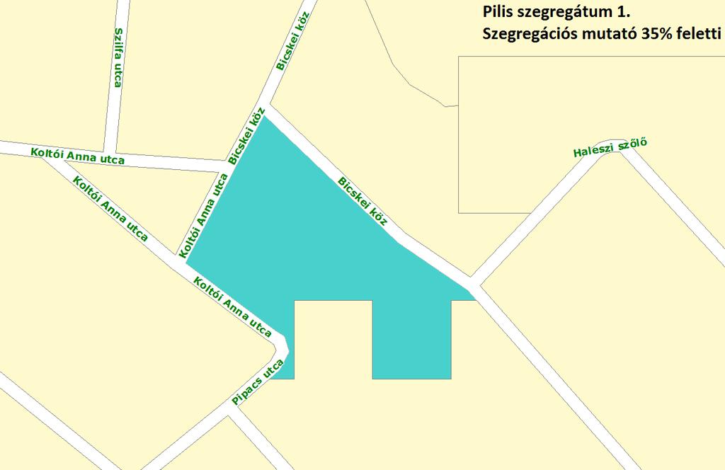 108 Az 1. szegregátum (Koltói Anna utca - Bicske köz - belterület határa) helyzetelemzése Térbeni kiterjedésében a legkisebb területen él a város lakosságának 0,7 százaléka, 76 lakos.
