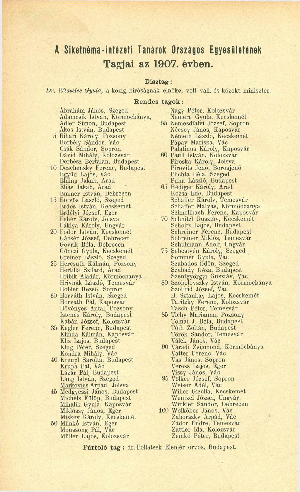 A Siketnéma-intézeti Tanárok Országos Egyesületének Tagjai az 1907. évben. Disztag: Dr. Wlassics Gyula, a közig, bíróságnak elnöke, volt vall. és közokt. miniszter.