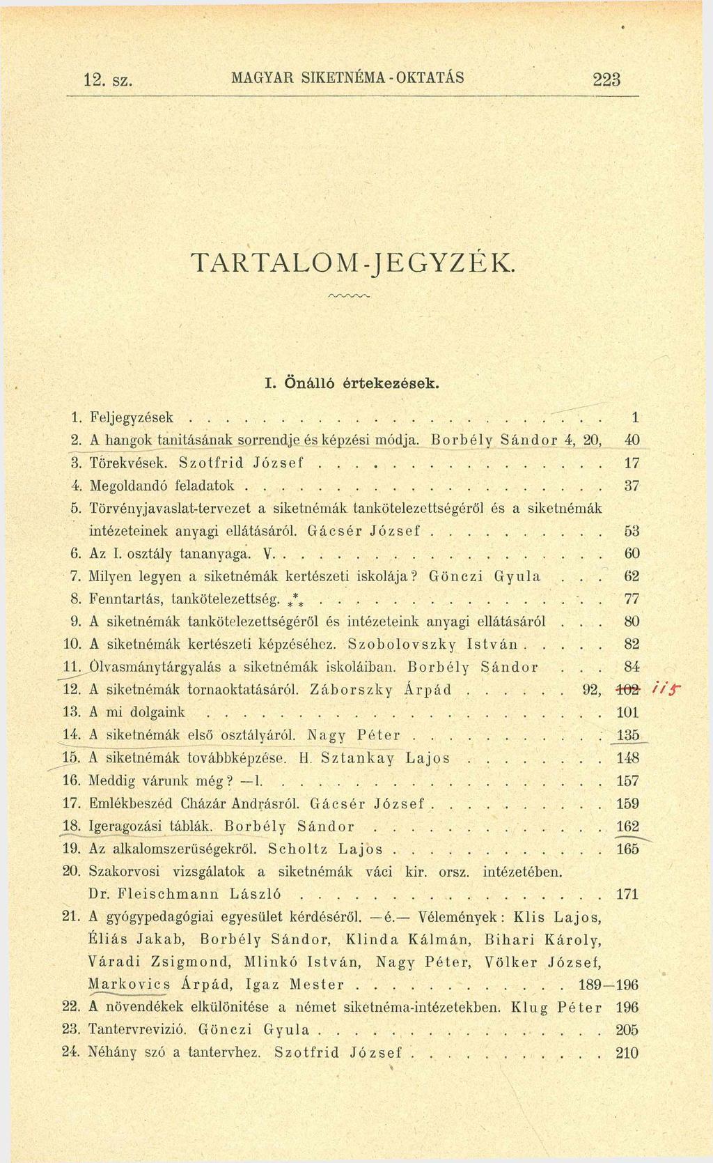 12. sz. MAGYAR SIKETNÉMA- OKTATÁS 223 TARTALO M - J E GYZ É K. I. Önálló értekezések. 1. F e lje g y zé s e k... 1 2. A hangok tanításának sorrendje és képzési módja. B o rb é ly Sándor 4, 20, 40 3.