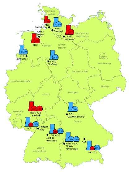 Németország esete Atomenergia Fukushima után Hagyományosan antinukleáris ország 2011 elején 17 üzemelő blokk 20300 MW beépített kapacitással Fukushima után politikai döntés a 2022-ig történő