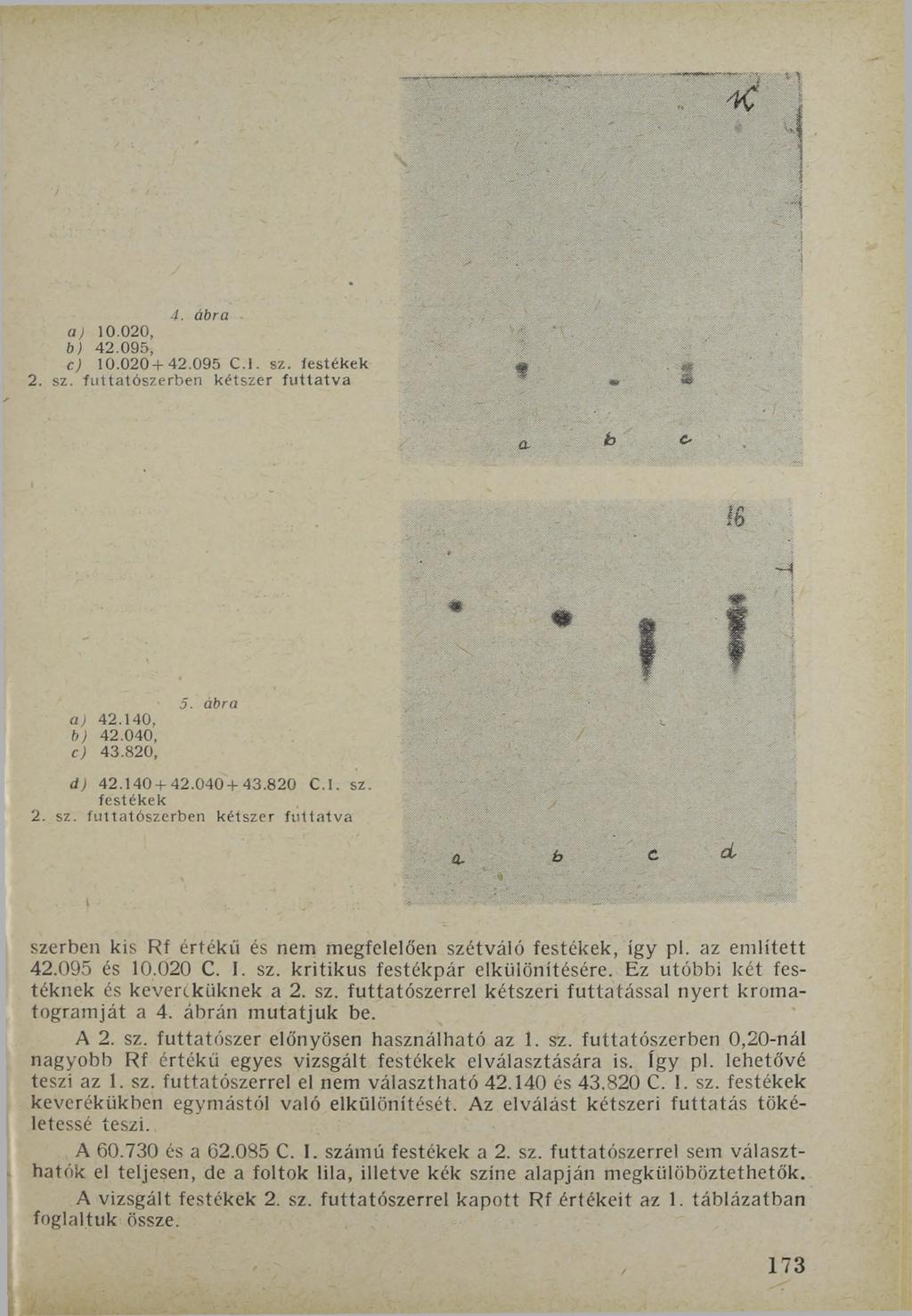 4. ábra a) 10.020, b) 42.095, c) 10.020+42.095 C.l. sz. festékek 2. sz. futtató kétszer futtatva IB a) 42.140, b) 42.040, c) 43.820, 5. ábra d) 42.140+42.040+43.820 С.I. sz. festékek 2. sz. futtató kétszer futtatva kis Rf értékű és nem megfelelően szétváló festékek, így pl.