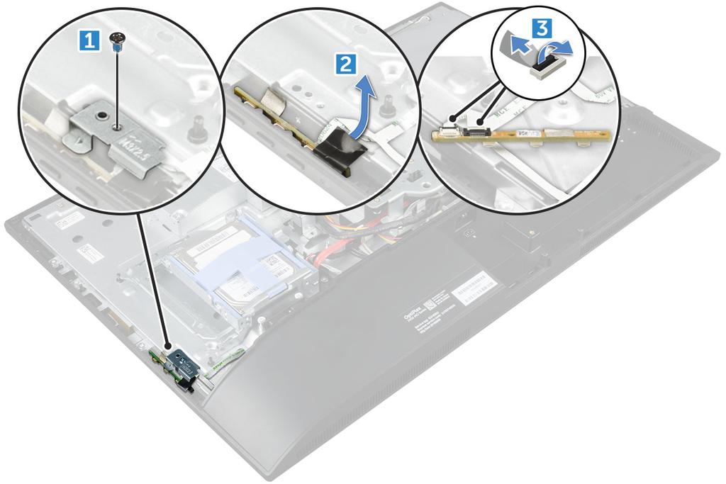 A bekapcsológomb és az OSD-vezérlő gomb kártyájának beszerelése 1 A kábelt csatlakoztassa a bekapcsológomb és az OSD-vezérlő gomb kártyájára. 2 Ragassza fel a szalagot az OSD-vezérlő gomb kártyájára.