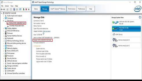 Eszközkezelő: NVME INTEL MEMPEK1W01 IRST felhasználói felület: INTEL