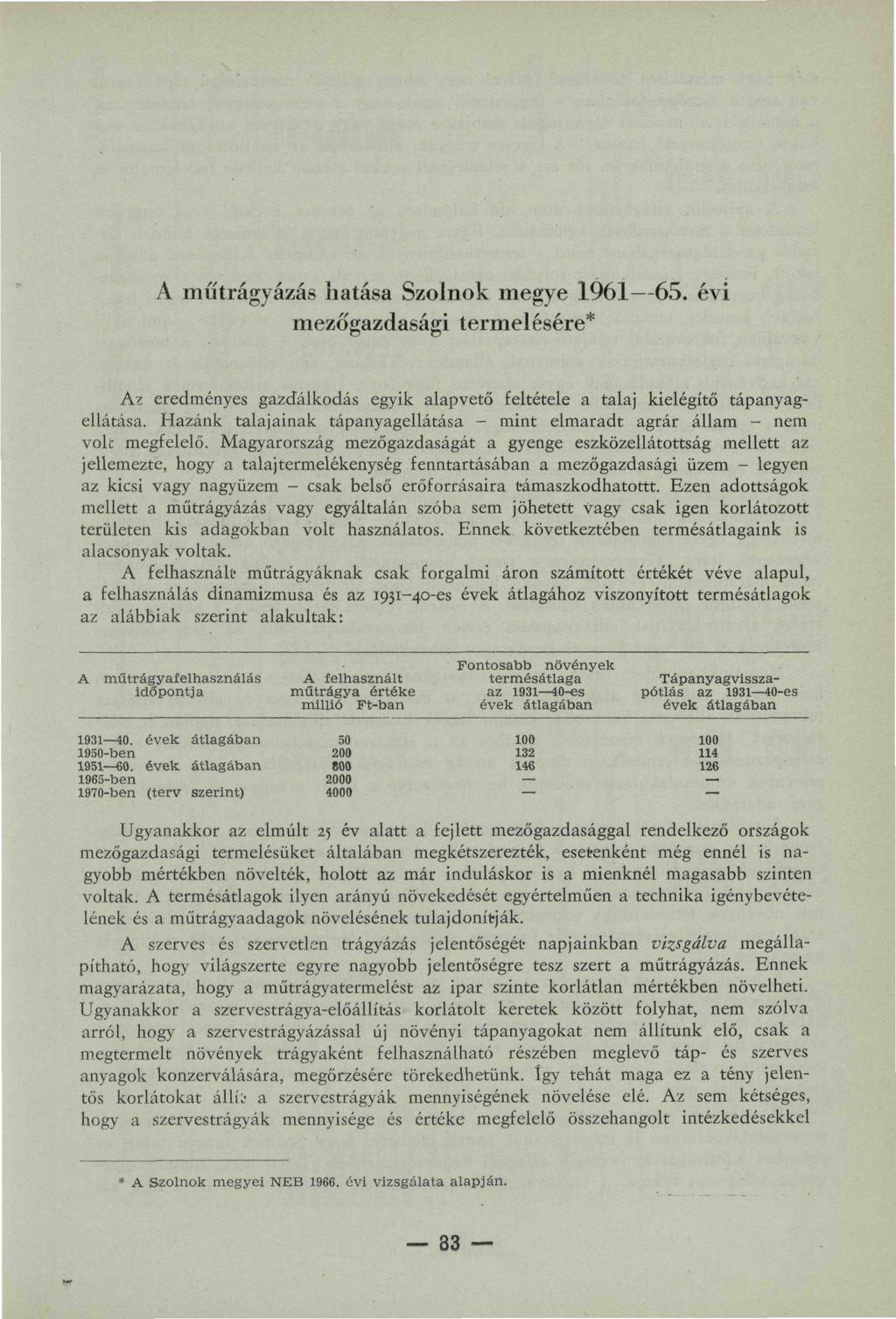 A műtrágyázás hatása Szolnok megye 1961 65. évi mezőgazdasági termelésére* Az eredményes gazdálkodás egyik alapvető feltétele a talaj kielégítő tápanyagellátása.
