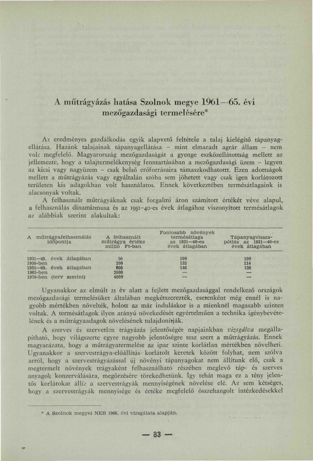 A műtrágyázás hatása Szolnok megye 1961 65. évi mezőgazdasági termelésére* Az eredményes gazdálkodás egyik alapvető feltétele a talaj kielégítő tápanyagellátása.