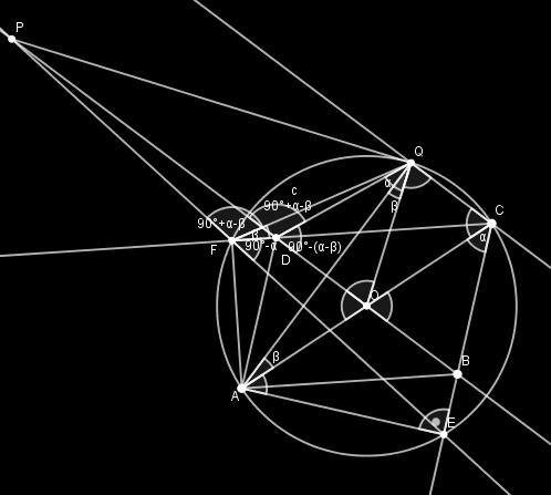 DQO = OCB = α. CEA = 90, így EF C = EAC = 180 90 α = 90 α. CF Q = CAQ = AQO = 90 γ. Így QDP = 180 ODQ = 180 (180 α γ) = α + γ.