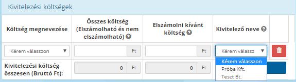 D) Kivitelező neve oszlop esetén az érintett kivitelező a legördülő menü használatával választható ki, a Kivitelezők, szakértők adatai adatlapon megadott partnerek közül.