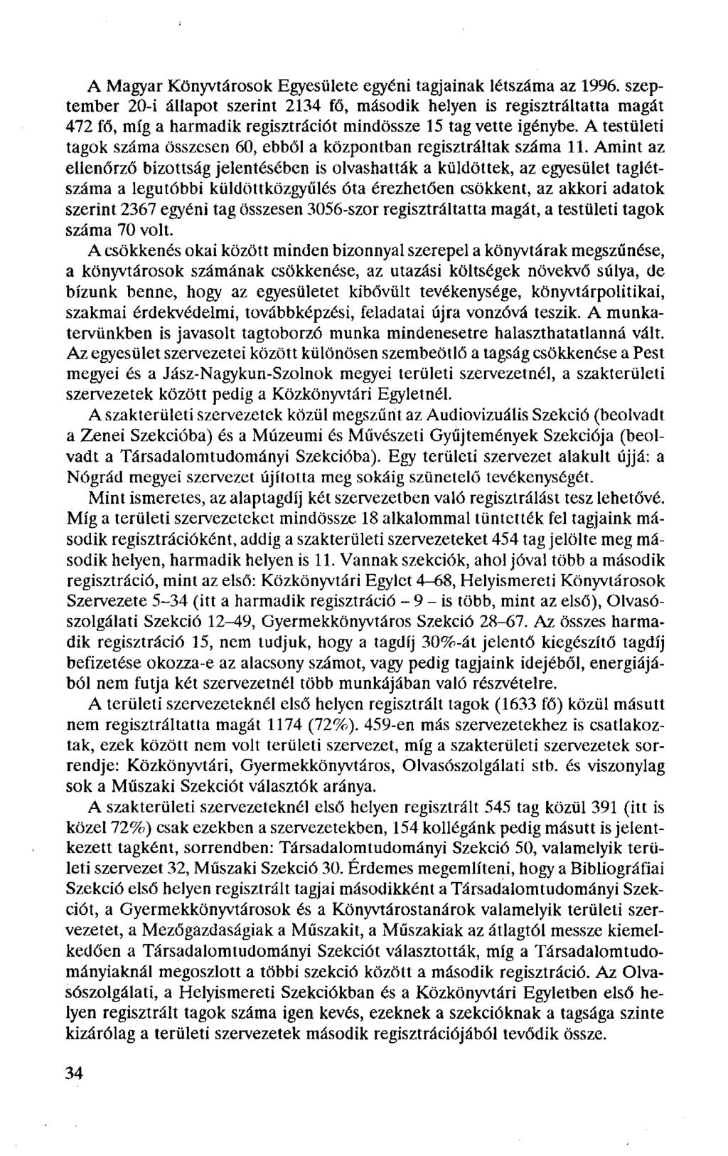 A Magyar Könyvtárosok Egyesülete egyéni tagjainak létszáma az 1996.