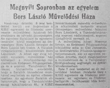 6. kép. Az egyetemi művelődési ház megnyitója a Kisalföld 1959.