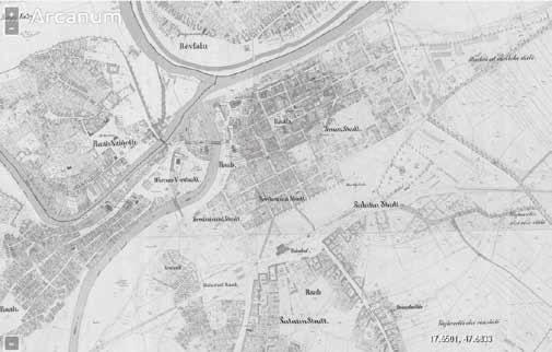 3. ábra. Kataszteri térkép 1856-ból. (Forrás: mapire.eu) Egy 1890-es években készült térképen 18 már látható a GySEV Rába-partra vezető iparvágánya, mely 1891-ben épül ki.