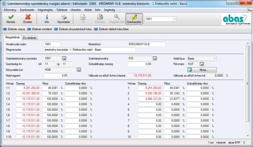 7 Számlatartomány nyomtatvány mozgási adatok - Változtatás [1001 EREDMENY-EI-B eredmény kimutatás - I.