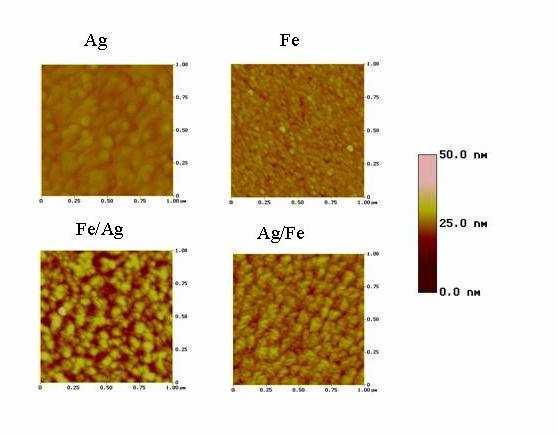 3.10. ábra. A mintákon készült 1 1 µm-es AFM-képek. A kép jobb oldalán a magassági skála látható.