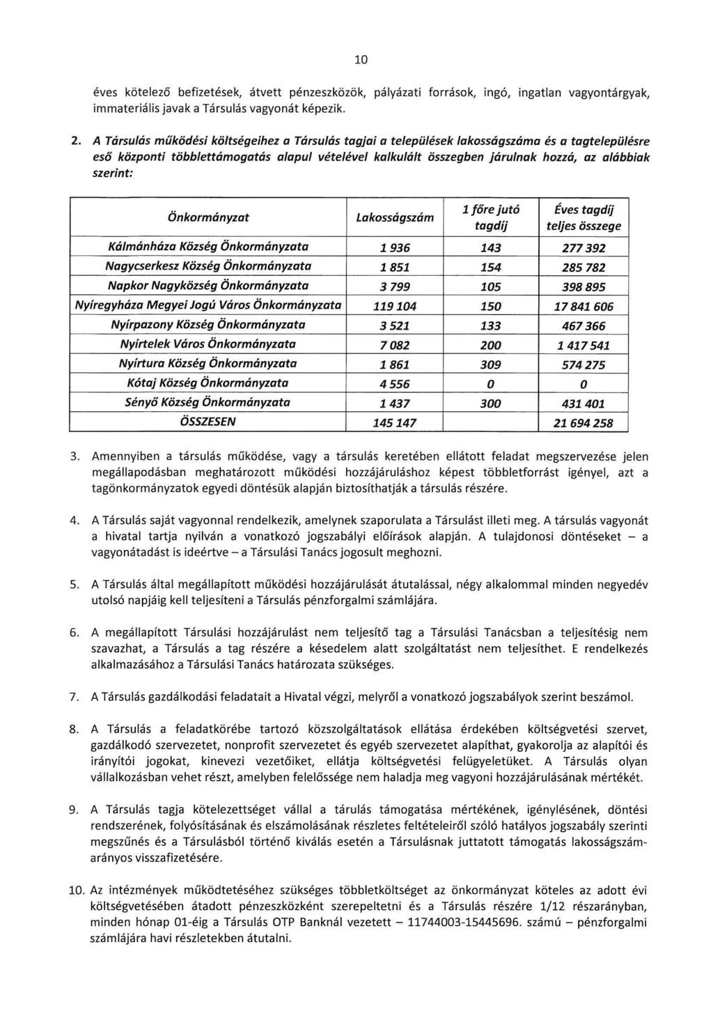 10 éves kötelező befizetések, átvett pénzeszközök, pályázati források, ingó, ingatlan vagyontárgyak, immateriális javak a Társulás vagyonát képezik. 2.