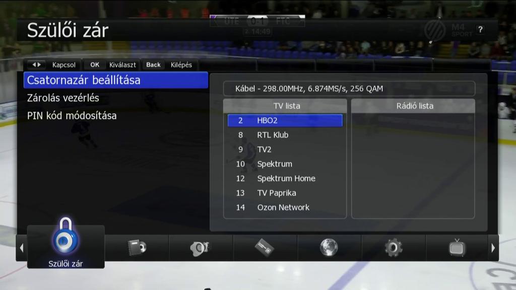 Menürendszer > Szülői zár Csatornazár beállításakor megjelenő ablak Szülöi zár > Csatornazár