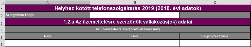 1.2.a Az üzemeltetésre szerződött vállalkozás(ok) adatai Az adatlapot akkor kell kitölteni, ha a Szolgáltató más vállalkozás üzemeltetésében (is) nyújtja a helyhez kötött telefonszolgáltatást (vagyis