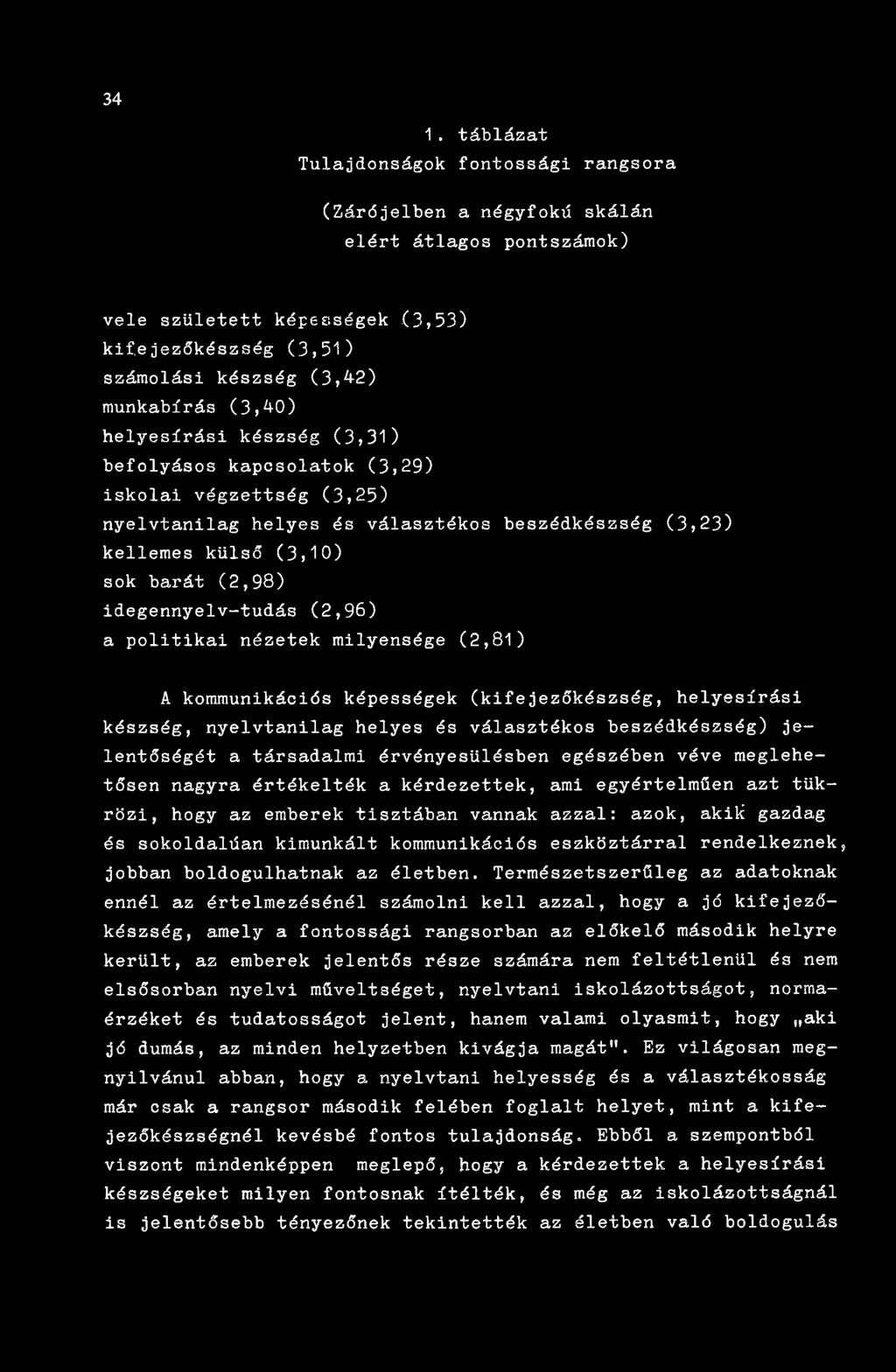 idegennyelv-tudás (2,96) a politikai nézetek milyensége (2,81) A kommunikációs képességek (kifejezőkészség, helyesírási készség, nyelvtanilag helyes és választékos beszédkészség) jelentőségét a