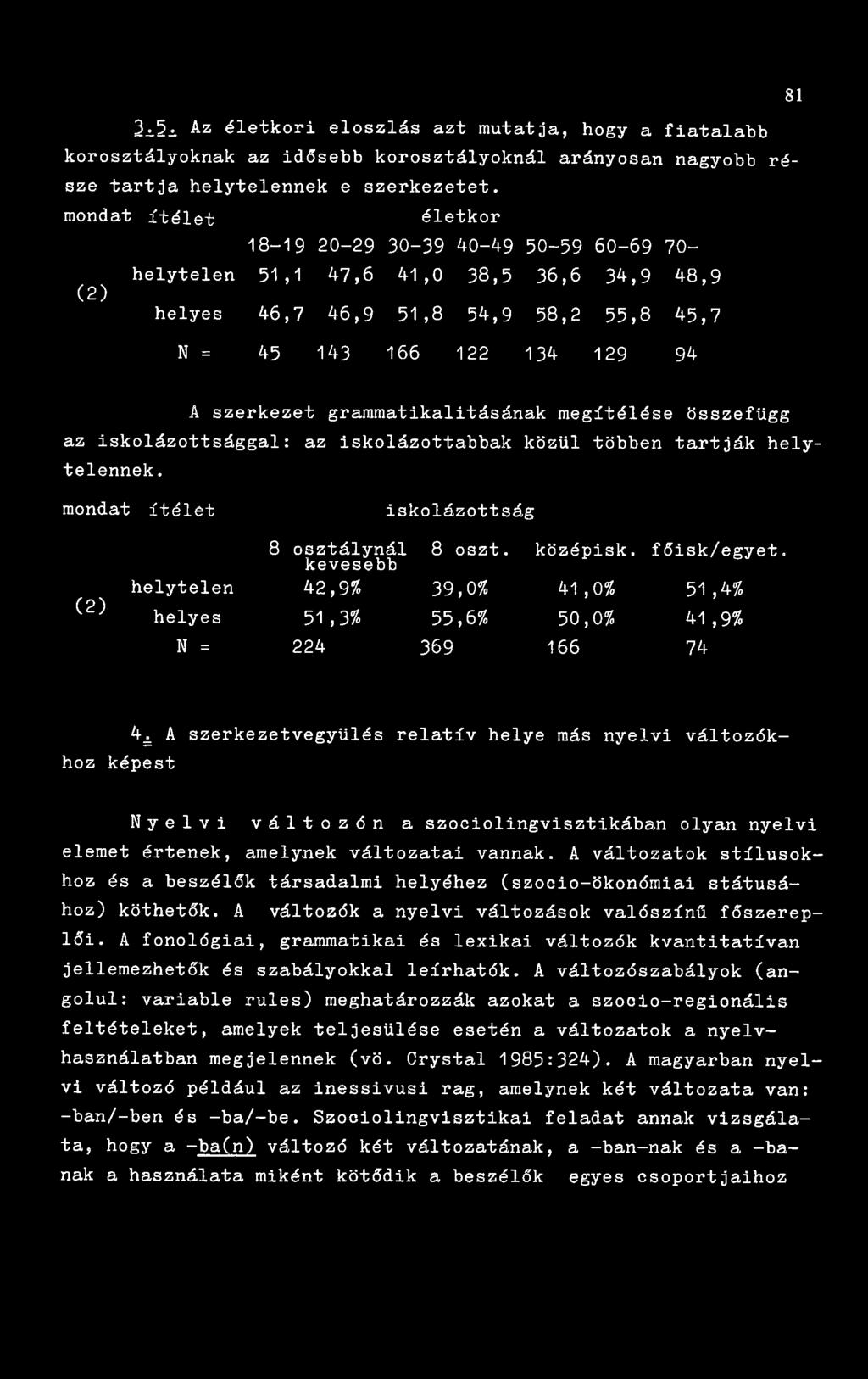 összefügg az iskolázottsággal: az iskolázottabbak közül többen tartják helytelennek. mondat ítélet iskolázottság ( 2 ) helytelen helyes N = 8 osztálynál 8 oszt. középisk. főisk/egyet.