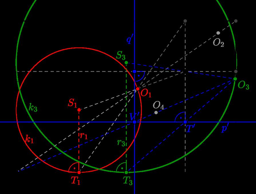 Adott a koordinátarendszerben a k kör, melynek középpontja S = [5; 3] és sugara r = 1, 5 cm. Szerkesszünk olyan kört, amely érinti koordinátatengelyeket és a k kört.
