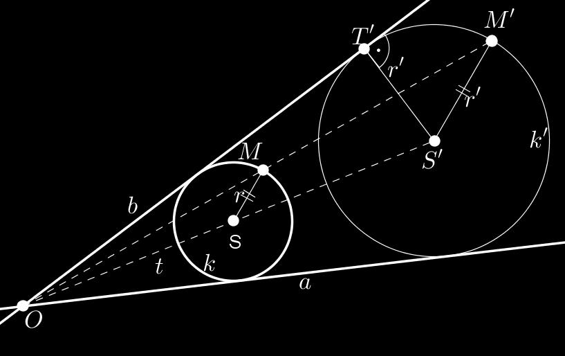 15. Adottak az a, b metsző egyenesek és az egyik egyenesre sem illeszkedő M pont. Szerkesszük meg az M ponton áthaladó és a két egyenest érintő kört.