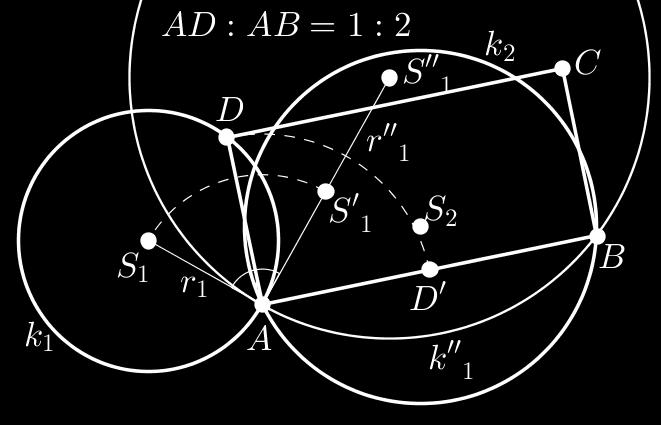 (a) Adatok felvétele: a és b metsző egyenes, M pont; (b) t az a és b egyenesek által meghatározott M pontot tartalmazó szög szögfelezője; (c) S a t szögfelezőre illeszkedik; (d) T a b egyenesre