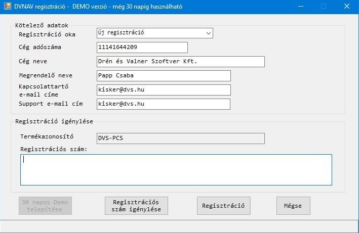 Ezután az alábbi ablak jelenik meg: A telepítő program e-mailt küld a D&V Kft-nek, a regisztráció igényről.