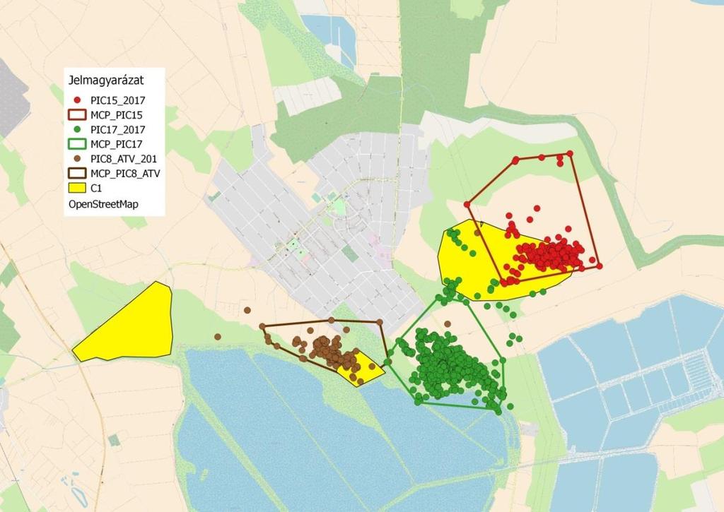 A 2017-ben jelölt szalakóta egyedek mozgása a C.1. projektterületeken A Macskási-gyep és a Szaporhegy területen, illetve a köztük lévő gledícsiás foltban költő pár egy-egy egyedét jelöltük a szezon során.