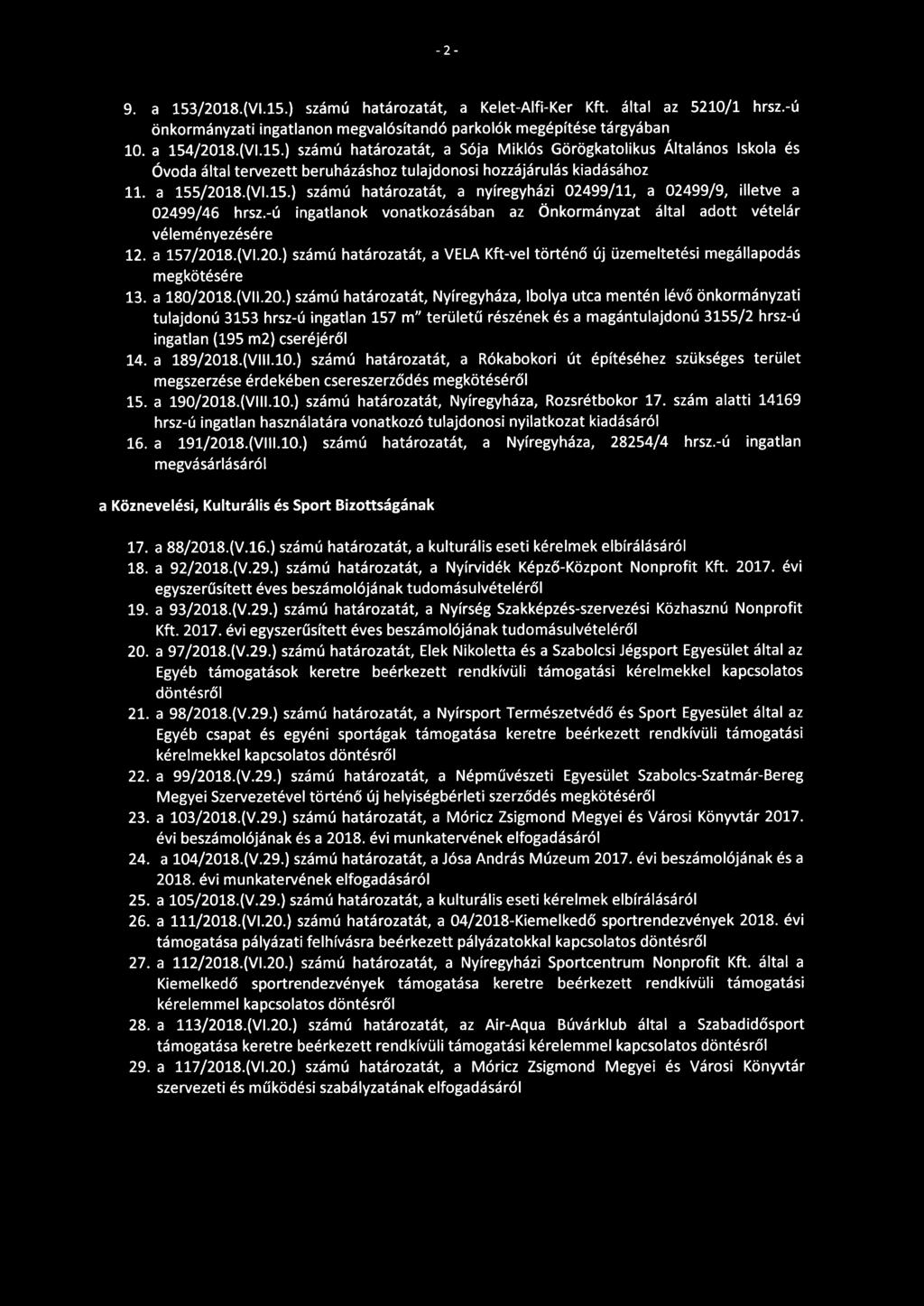 - 2-9. a 153/2018.(Vl.15.) számú határozatát, a Kelet-Alfi-Ker Kft. által az 5210/1 hrsz.-ú önkormányzati ingatlanon megvalósítandó parkolók megépítése tárgyában 10. a 154/2018.{Vl.15.) számú határozatát, a Sója Miklós Görögkatolikus Általános Iskola és óvoda által tervezett beruházáshoz tulajdonosi hozzájárulás kiadásához 11.