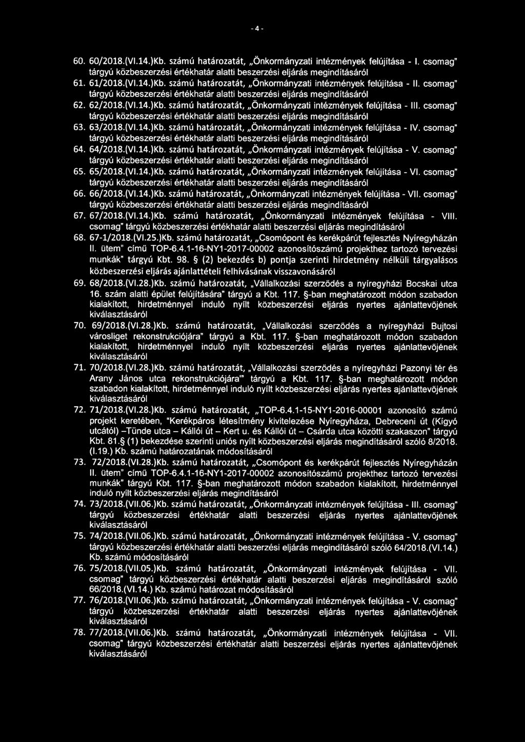 {Vl.14.}Kb. számú határozatát, Önkormányzati intézmények felújítása - V. csomag" 65. 65/2018.(Vl.14.}Kb. számú határozatát, Önkormányzati intézmények felújítása - VI. csomag" 66. 66/2018.{Vl.14.}Kb. számú határozatát, Önkormányzati intézmények felújítása - VII.