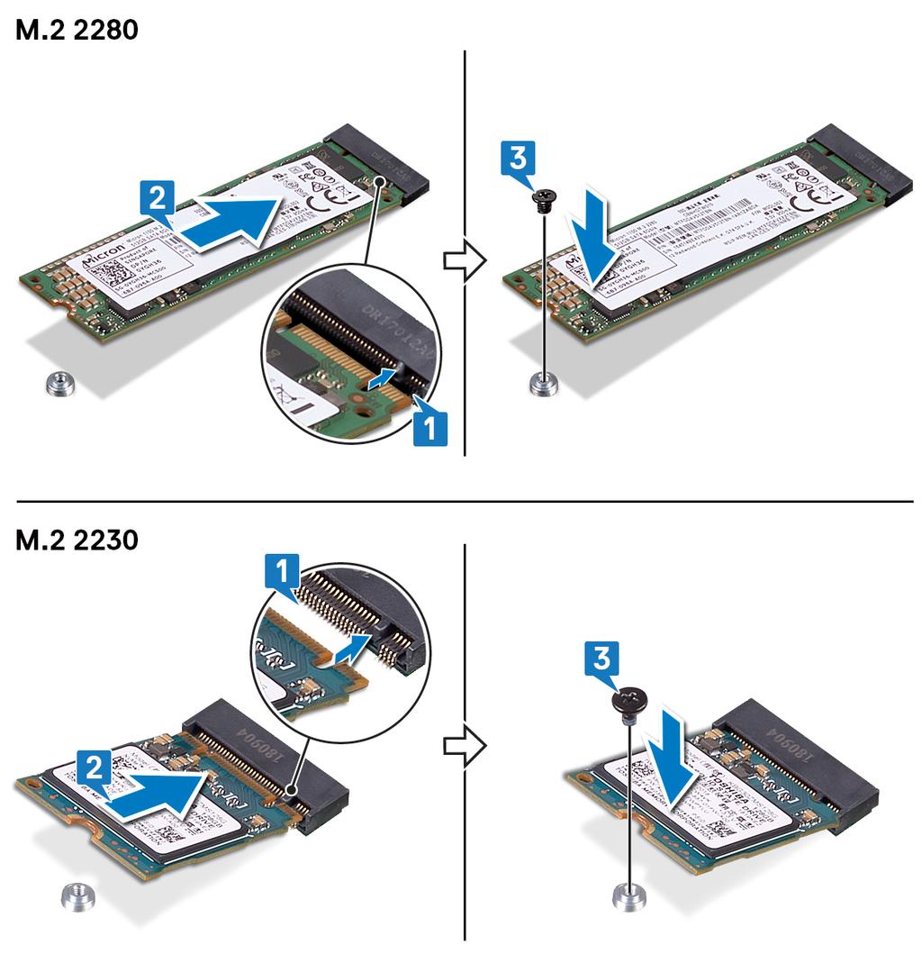 4. Igazítsa az SSD-meghajtó/Intel Optane memória árnyékolásán található csavarlyukakat a csuklótámasz-szerkezeten lévő csavarlyukakhoz. 5.