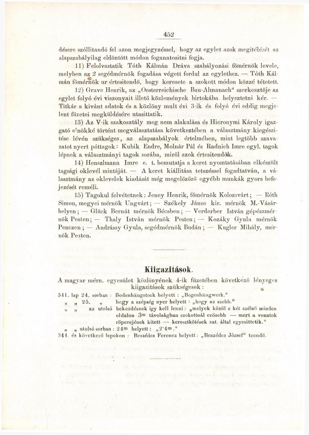452 désere szóllitandó fel azon megjegyzéssel, Hogy az egylet azok megítélését az alapszabályilag eldöntött módon foganatositni fogja.