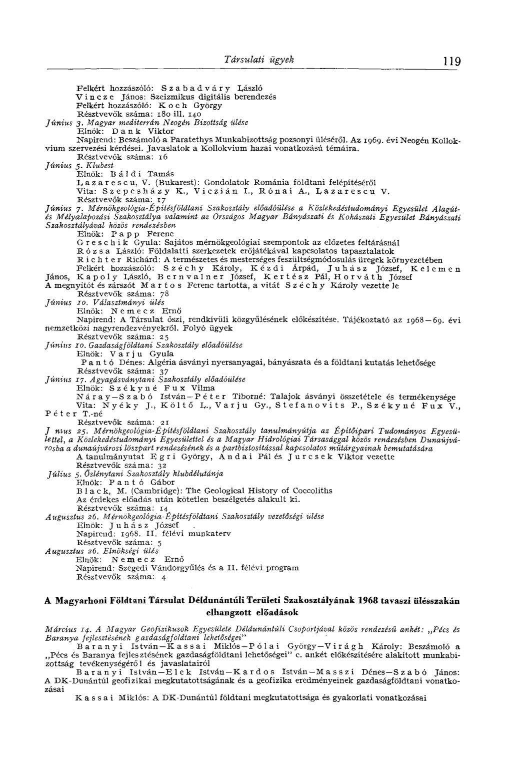 Társulati ügyek 119 Felkért hozzászóló: Szabadváry László Vincze János: Szeizmikus digitális berendezés Felkért hozzászóló: Koch György Résztvevők száma: 180 ill. 140 Június 3.