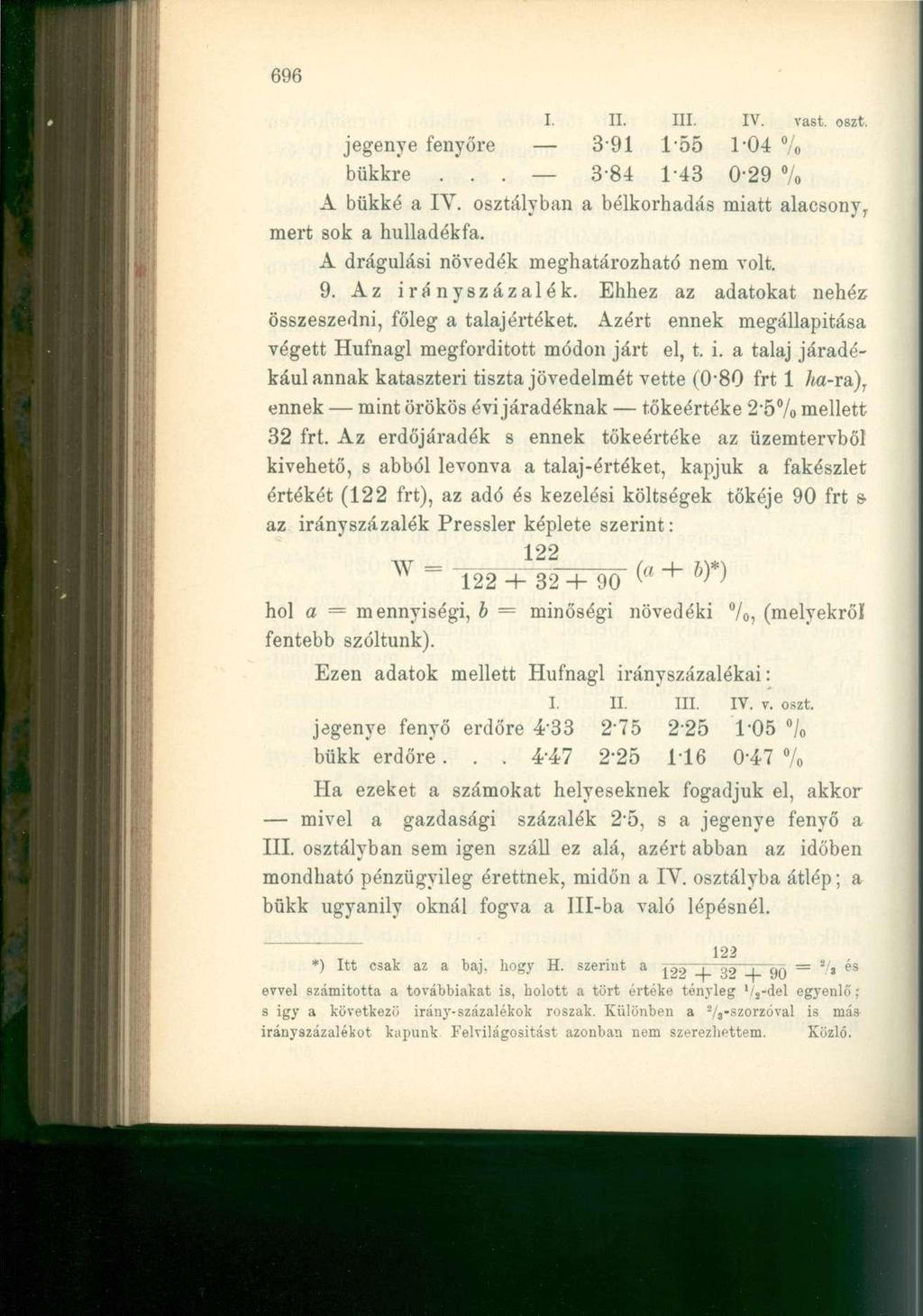 696 I. II. III. IV. vast. oszt, jegenye fenyőre 391 1'55 1*04 % bükkre... 3"84 1-43 0-29 % A bükké a IV. osztályban a bélkorhadás miatt alacsony, mert sok a hulladékfa.