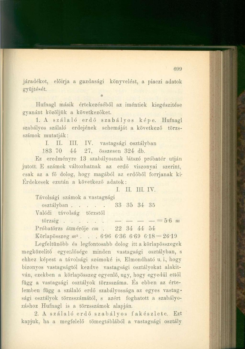 699 járadékot, előirja a gazdasági könyvelést, a piaczi adatok gyűjtését. Hufnagl másik értekezéséből az iméntiek kiegészítése gyanánt közöljük a következőket. 1. A szálaló erdő szabályos képe.