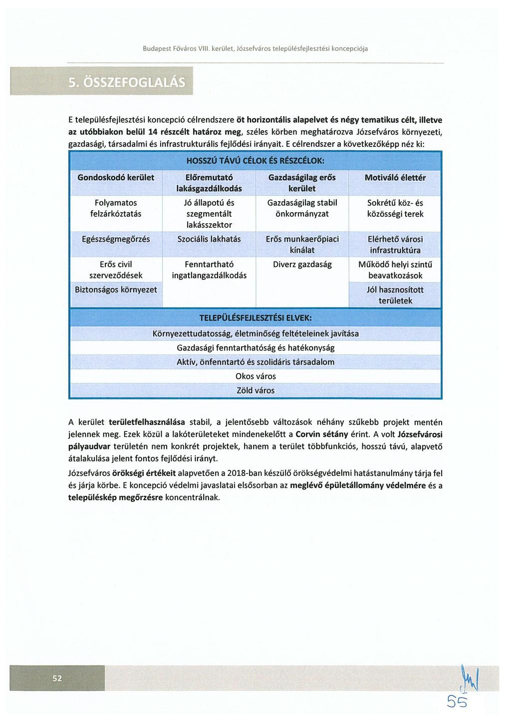 E településfejlesztési koncepció célrendszere öt horizontális alapelvet és négy tematikus célt, illetve az utóbbiakon belül 14 részcélt határoz meg, széles körben meghatározva Józsefváros környezeti,