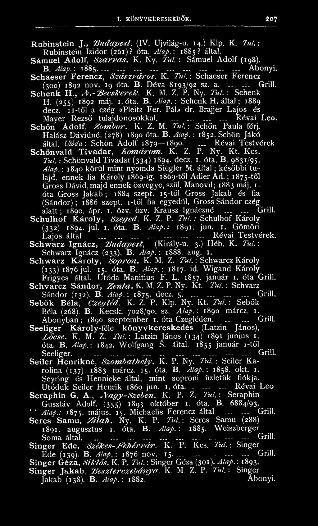 Révai Testvérek Schönvald Tivad ar, K om árom. K. Z. P. Ny. Kt. Kcs. Túl. : Schönvald Tivadar (334) 1894. decz. 1. óta. B. 9831/95. Alap. : 1840 körül mint nyomda Siegler M. által; későbbi tulajd.