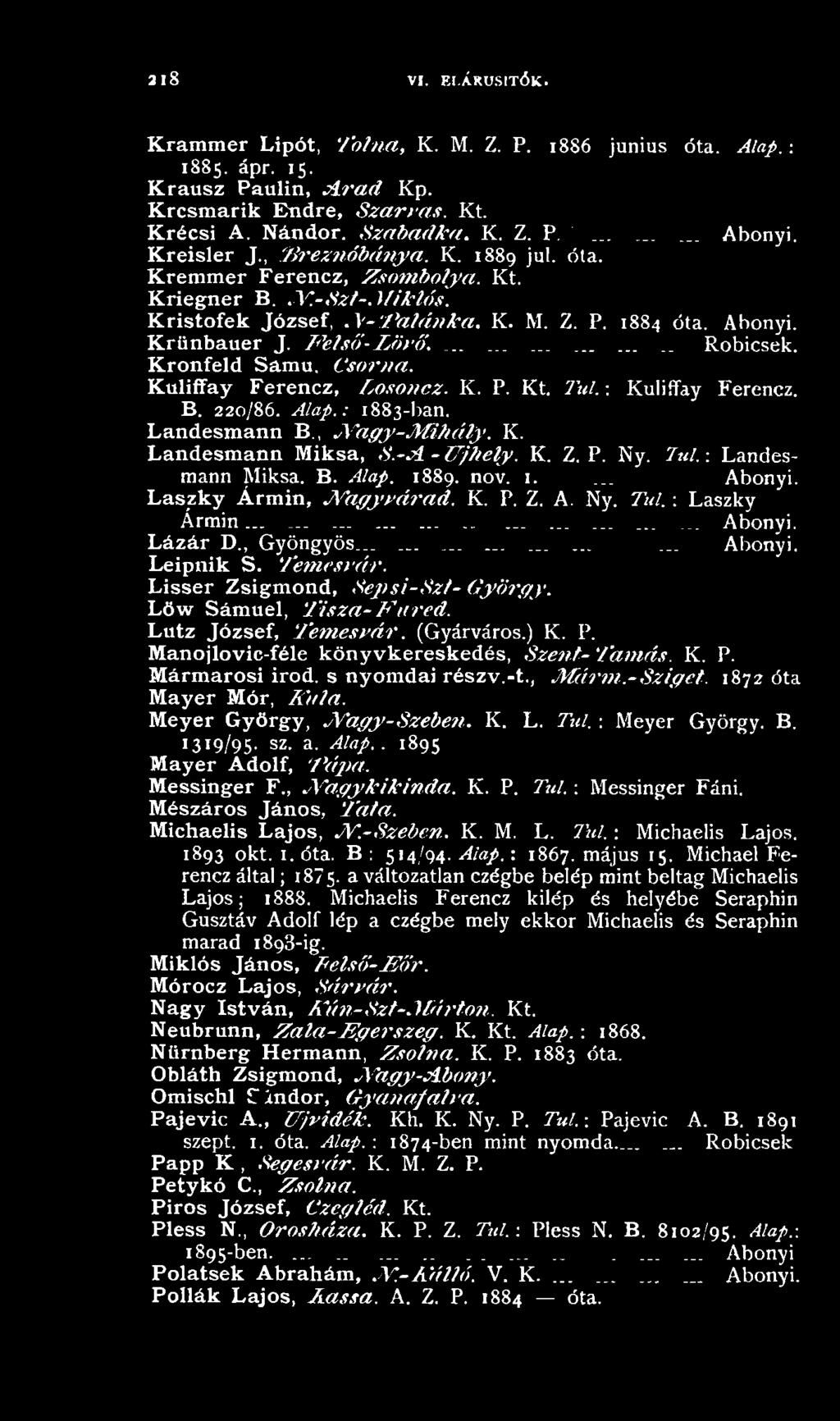Kronfeld Samu, Csorna. Kuliffay Ferencz, Loson.cz. K. P. Kt. Túl. : Kuliffay Ferencz. B. 220/86. Alap.: 1883-ban. Landesmann B., N 'így- M ihály. K. Landesmann Miksa, S.-A -U jhely. K. Z. P. Ny. Túl.-. Landesmann Miksa. B. Alap. 1889.
