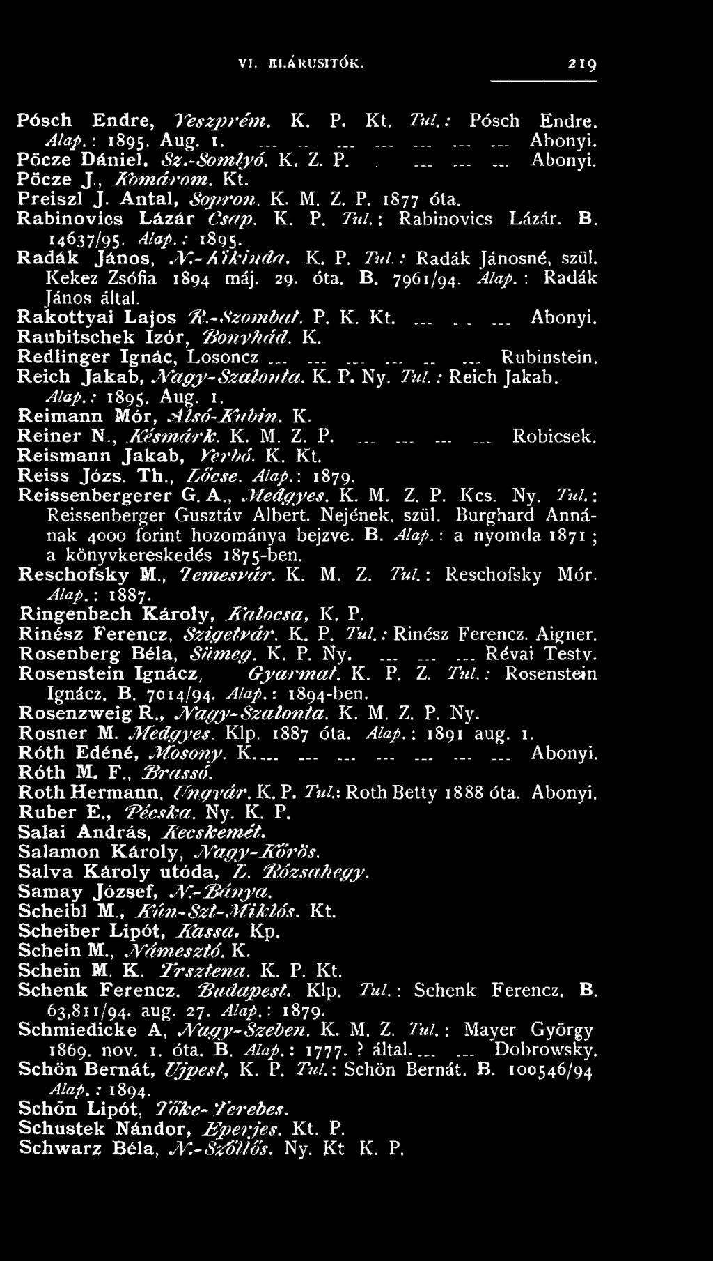 K. Kt. R eiss Józs. Th., L őcse. Alap.: 1879. Reissenbergerer G. A., M edgyes. K. M. Z. P. Kcs. Ny. Túl.: Reissenberger Gusztáv Albert. Nejének, szül. Burghard Annának 4000 forint hozománya bejzve. B. Alap.-.