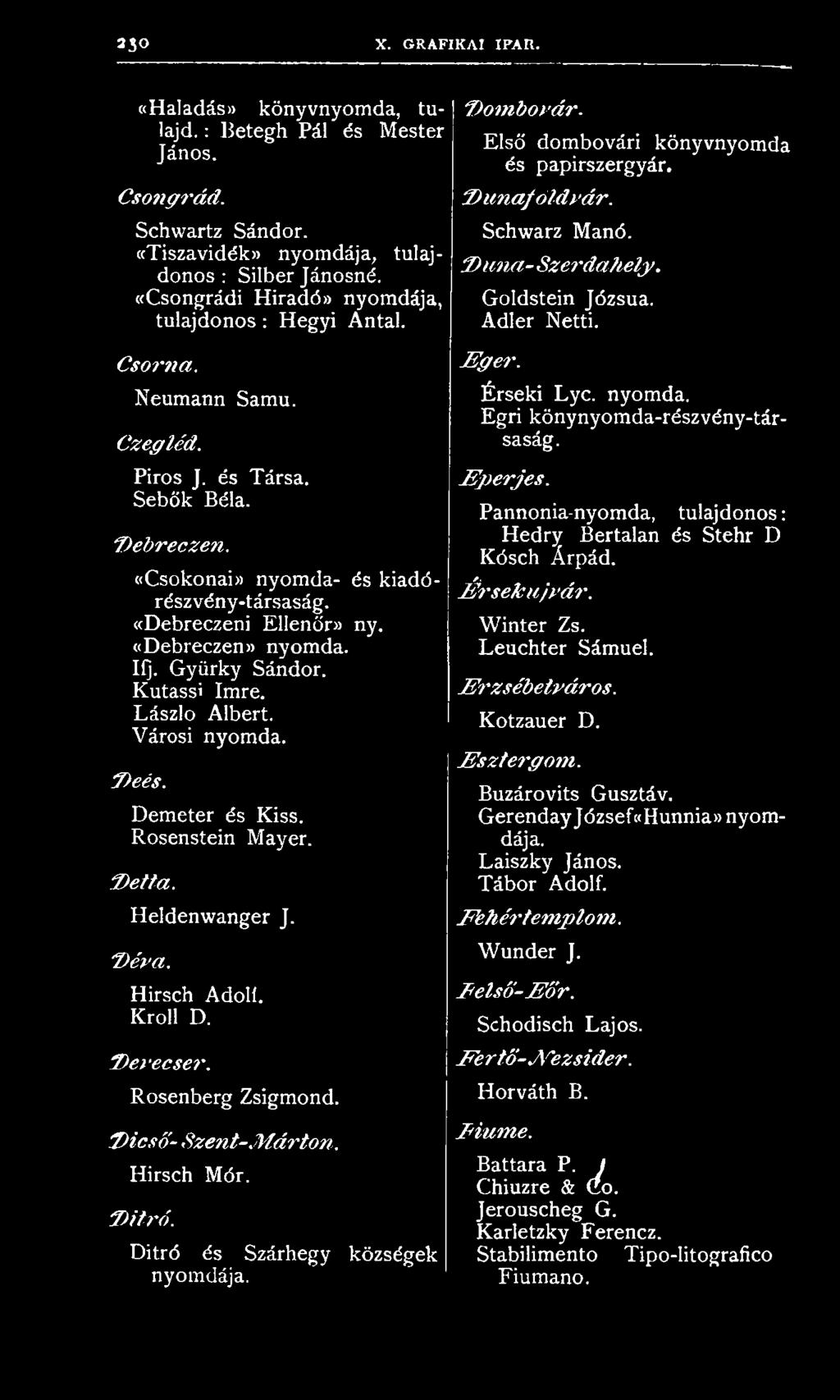 «Debreczen» nyomda. Ilj. Gyürky Sándor. Kutassi Imre. László Albert. Városi nyomda. Deés. Demeter és Kiss. Rosenstein Mayer. Detta. Heldenwanger J. Déva. Hirsch Adoll. Kroll D. De)'e