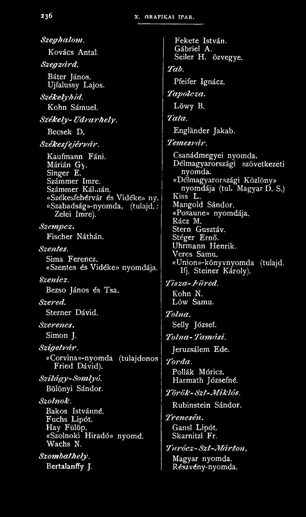 Bezso János és Tsa. Szered. Sterner Dávid. Szerencs. Simon J. Szigetvár. ((Corvina»-nyomda (tulajdonos Fried Dávid). Szilágy-Somlyó. Bölönyi Sándor. Szolnok. Bakos Istvánná. Fuchs Lipót. Hay Fülöp.
