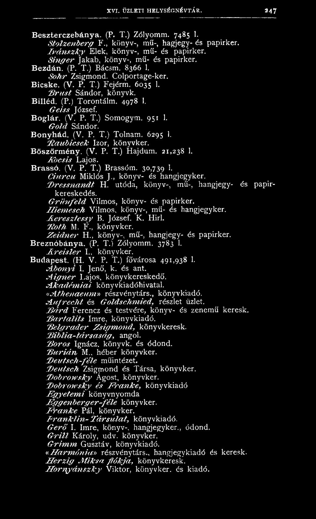 H ietnesch Vilmos, könyv-, mű- és hangjegyker. A eresztessy B. József. K. Hirl. R o th M. F., könyvker. Z e id n e r H., könyv-, mű-, hangjegy- és papirker. Breznóbánya. (P. T.) Zólyomm. 3783 1.