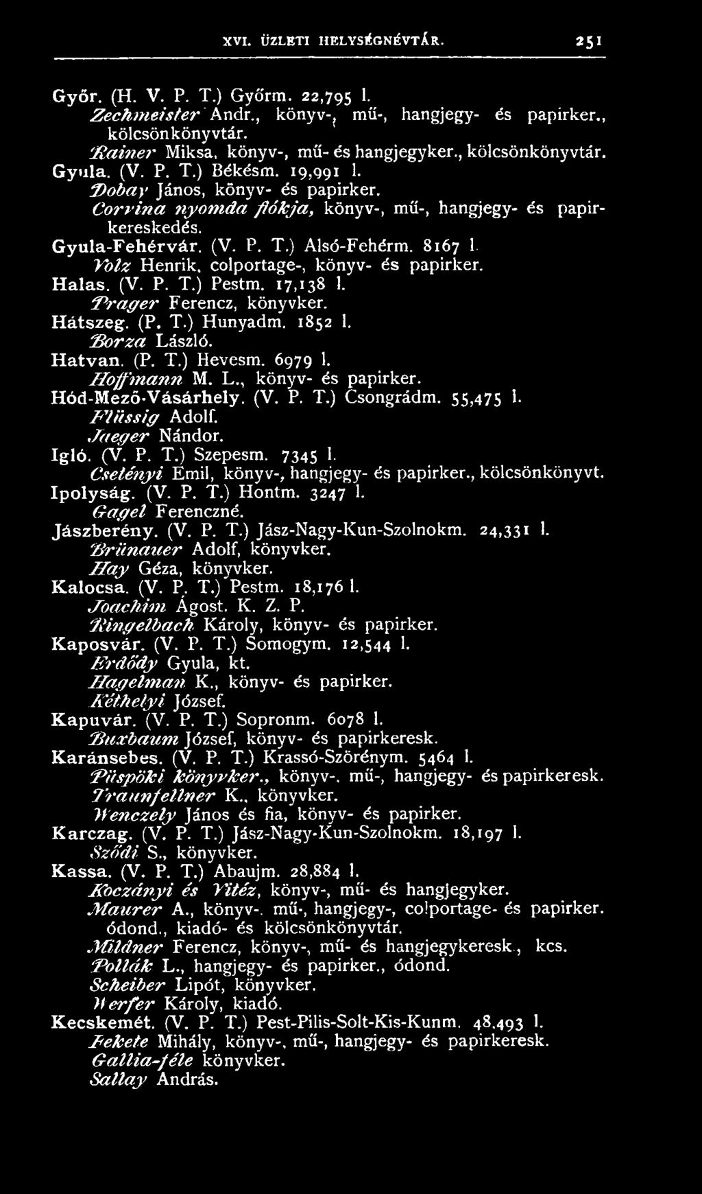 55,475 ' F 'lü s s ig Adolf. J a e g e r Nándor. Igló. (V. P. T.) Szepesm. 7345 1. C setén yi Emil, könyv-, hangjegy- és papirker., kölcsönkönyvt. Ipolyság. (V. P. T.) Hontm. 3247 1.