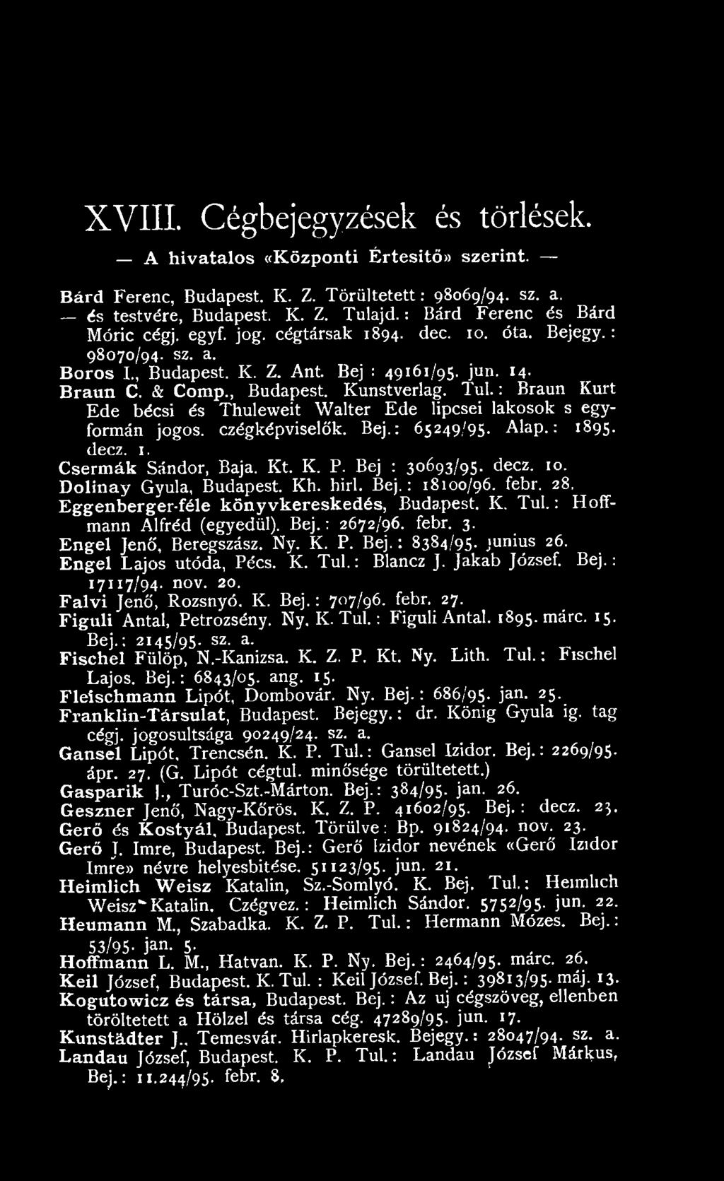 Ny. K. P. B ej.: 8384/95. junius 26. Engel Lajos utóda, Pécs. K. Túl.: Blancz J. Jakab József. B ej.: 17117/94. nov. 20. F alvi Jenő, Rozsnyó. K. B ej.: 707/96. febr. 27. Figuli Antal, Petrozsény.