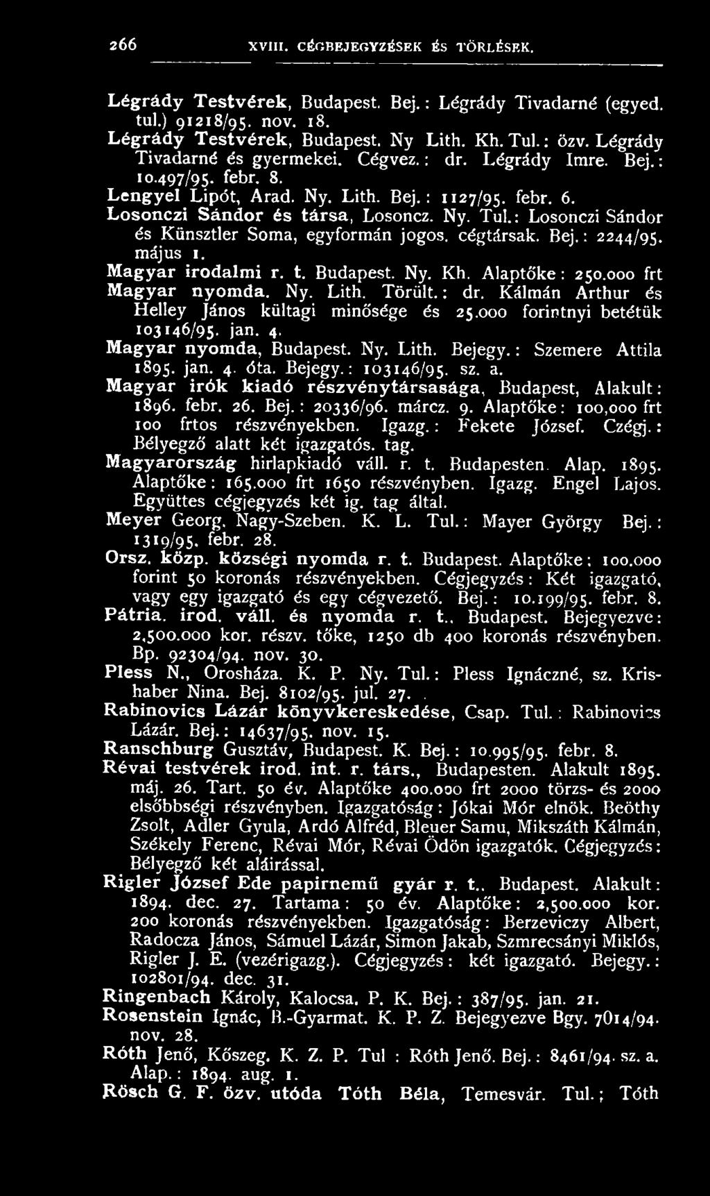 : Losonczi Sándor és Künsztler Soma, egyformán jogos, cégtársak. Bej.: 2244/95. május 1. Magyar irodalmi r. t. Budapest. Ny. Kh. Alaptőke: 250.000 frt Magyar nyomda. Ny. Lith. Törült.: dr.