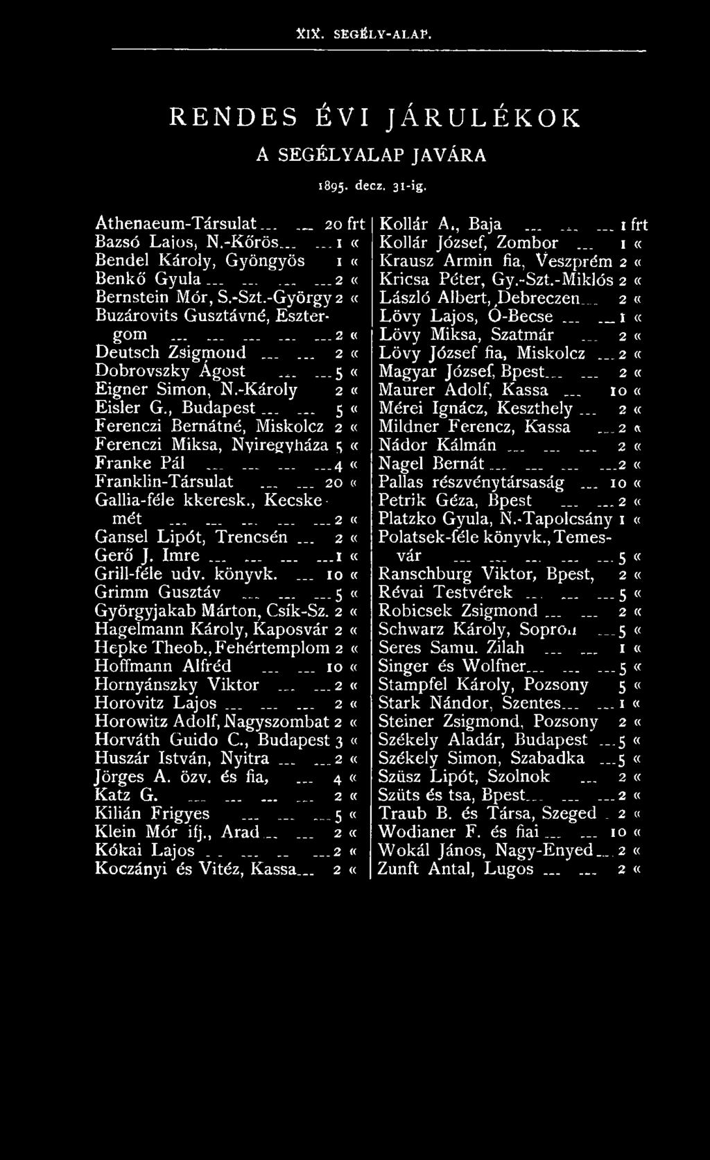 ..... 5 «Ferenczi Bernátné, Miskolcz 2 «Ferenczi Miksa, Nyíregyháza s «Franké Pál............4 «Franklin-Társulat...... 20 «Gallia-féle kkeresk., Kecskemét............... 2 «Gansel Lipót, Trencsén.