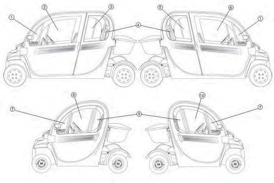 ASSY, HARD DOOR OPTION 0305-0003 WINDOW, STATIONARY FRONT 4 PASS - LH - RH 005-0077 ASSY, WINDOW - SLIDING 4 PASS - FRONT - LH 3 005-0079 ASSY, SLIDING WINDOW - 4 PASS - REAR LH 4 0305-00 WINDOW,